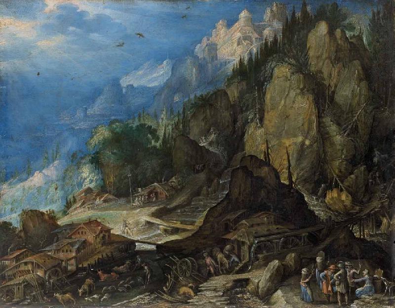 Frederik de Moucheron Gebirgslandschaft mit zwei Wassermuhlen oil painting image